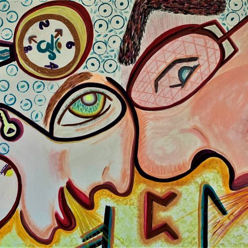 Abstract painting with distorted faces, large noses, and overlapping eyes. Clocks, geometric shapes, and spirals fill the background, while swirling lines and vivid colors add energy and surrealism to the composition—creating a visually dynamic piece perfect for e-commerce platforms seeking unique artwork to captivate their audience.