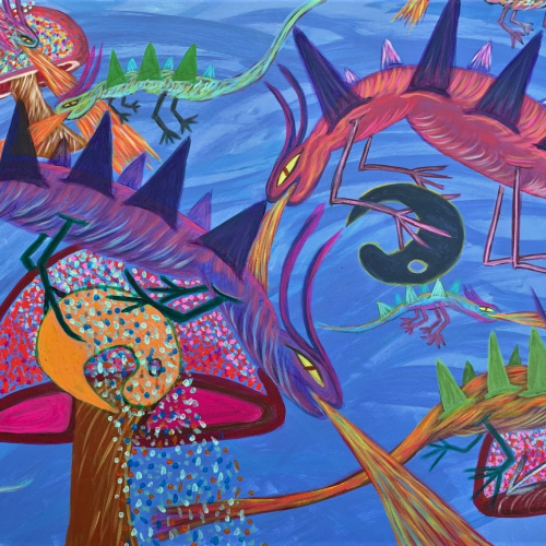 Painting of colorful, spiky creatures with long tails interacting with large mushrooms against a blue sky.