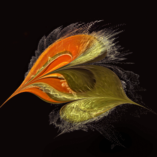 Abstract digital artwork featuring layered, petal-like shapes in orange and green, with fine, stippled edges against a black background.