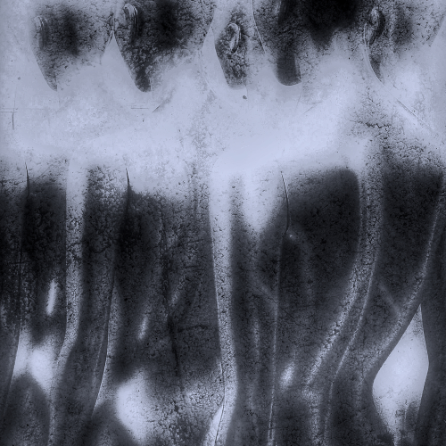 A monochrome, textured image of several blurred figures standing in a line, showing only their silhouettes from the shoulders up.