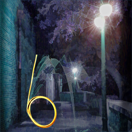 A light-painted number six glows in front of a dark brick building and a streetlamp at night.