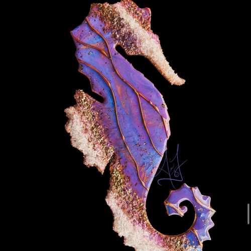 Seahorse-shaped wall art featuring purple and blue marbled resin, gold wire accents, and crystalline edges on a black background.
