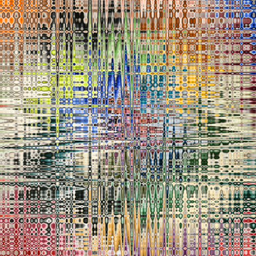 Abstract digital image featuring a grid of vertical and horizontal lines creating a distorted, colorful mosaic pattern.