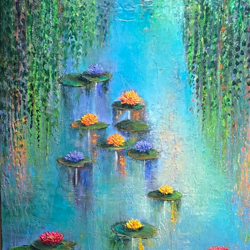 An impressionist painting of colorful water lilies floating on a blue pond, framed by cascading green vines.