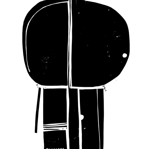 Abstract black and white woodcut print featuring a large, rounded head shape above a rectangular body with linear geometric details.