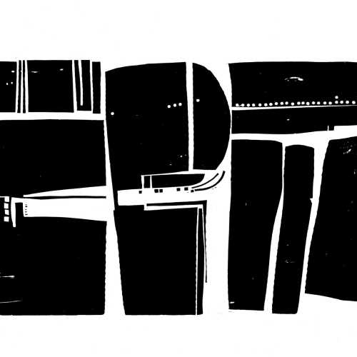 Abstract black and white woodcut print featuring bold geometric shapes and linear details.