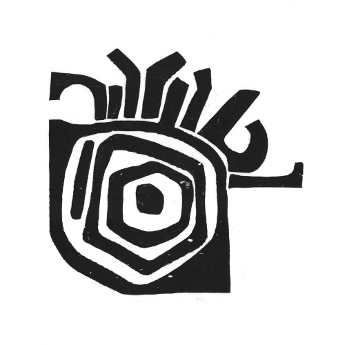 A black and white linocut print featuring a central hexagonal spiral surrounded by jagged, radiating lines at the top.