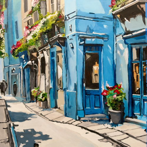 Oil painting of a narrow European street featuring bright blue building facades, window boxes filled with colorful flowers, and two figures walking in the distance.