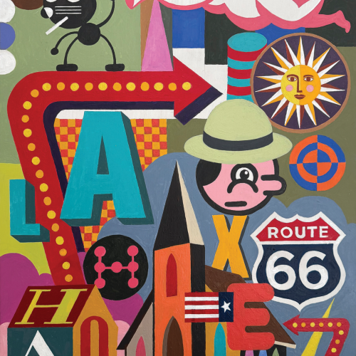 Colorful collage with abstract shapes, letters, a trumpet-playing angel, Route 66 sign, a church, a rabbit with a cigarette, and geometric patterns in vibrant, bold colors.