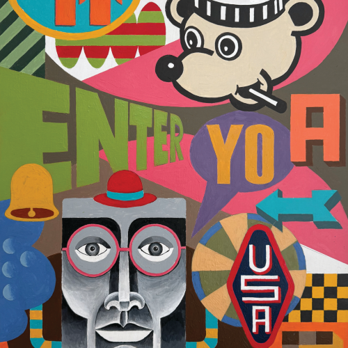 Colorful, abstract art with cartoon mouse, robot face, text like “Cool It,” “ENTER,” “YO,” “USA,” a bell, arrows, and geometric shapes in vibrant reds, greens, and yellows.