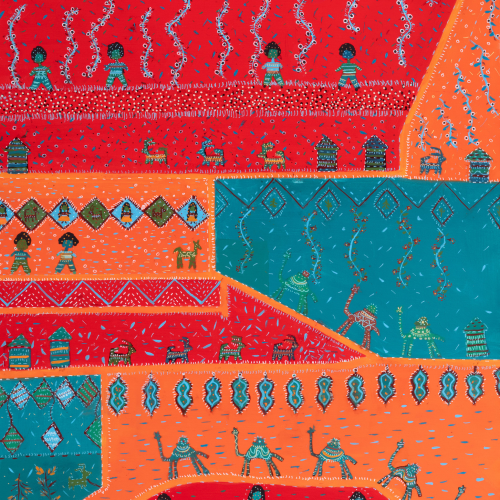 Colorful folk art showing people, camels, and houses in orange, red, and teal sections with dotted patterns and swirls, resembling a vibrant, decorative tapestry or mural.