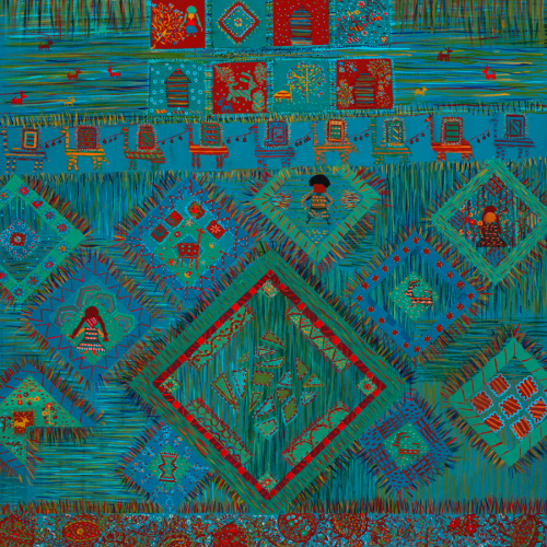 Colorful textile art with geometric patterns, animals, and small houses on a turquoise background. Various shapes and human figures are woven throughout the intricate, grid-like design.
