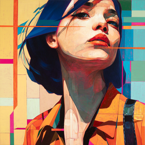 Stylized digital portrait of a woman with dark hair, looking upward against a background of colorful geometric blocks and horizontal lines.