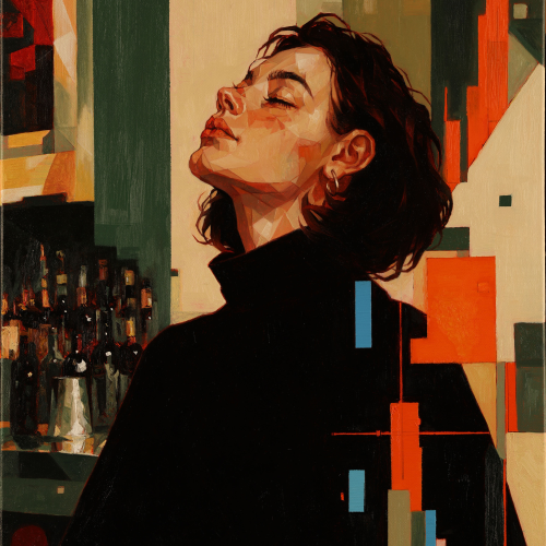Oil painting of a person with dark hair and eyes closed, wearing a black turtleneck, positioned in front of an abstract bar setting.