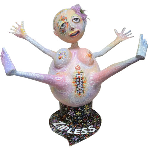 a colorful, whimsical sculpture of a person with multiple limbs, decorated with floral patterns and designs, stands on a base that says "zipless." the figure has an expressive face and a flower in its head.