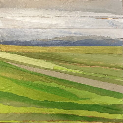 abstract landscape painting featuring layers of green fields, a diagonal path, and distant blue gray mountains under a cloudy, light gray sky.