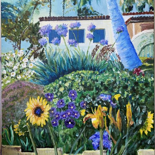 colorful painting of a garden with yellow sunflowers, purple petunias, and green foliage in front of a white stucco house with blue windows and tall palm trees under a bright, clear sky.