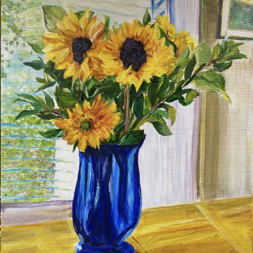a vibrant painting of sunflowers in a deep blue vase sits on a yellow table. sunlight streams through window blinds in the background, casting light and shadows across the scene.