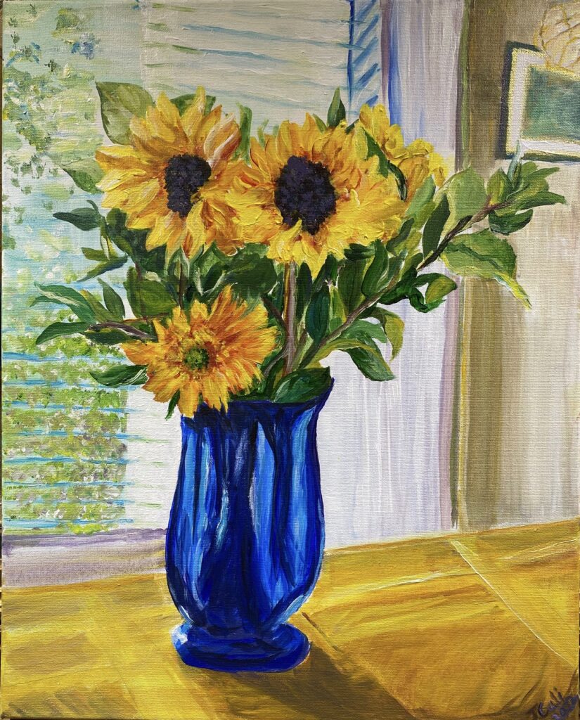 Joanne Cali – Sunflowers in Cobalt Vase