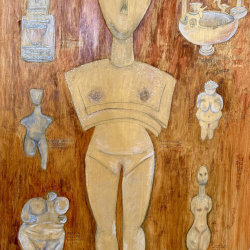 an abstract painting features a large central figure with geometric shapes for head, torso, and limbs, surrounded by five smaller stylized female forms and two vessels, all set against a textured brown background.