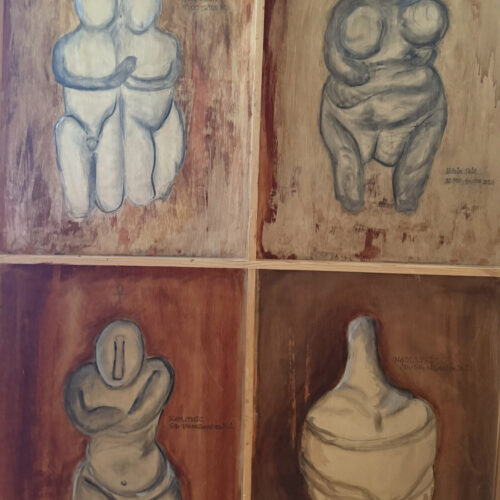 four painted panels depict ancient fertility statues with exaggerated features, shown in earth tones. each figure is stylized, with rounded bodies and minimal facial detail, referencing prehistoric art and goddess forms.
