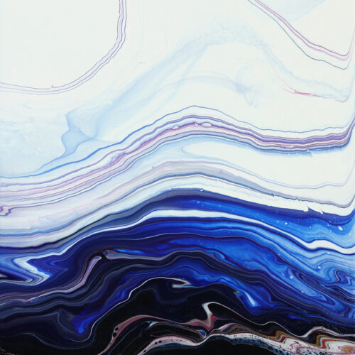 abstract painting with flowing, wavy lines in shades of blue, white, and black, resembling a stylized landscape or ocean waves under a bright sky. the lines are fluid and layered, creating a sense of movement.