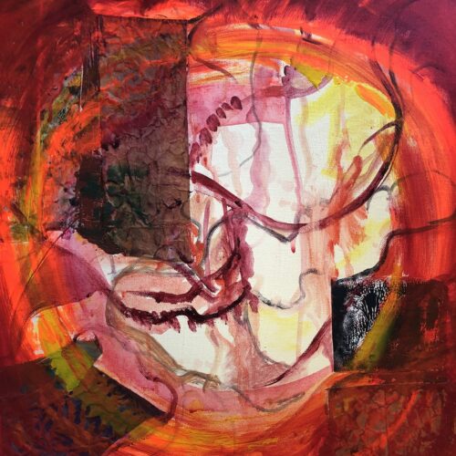 abstract painting with swirling red, orange, and yellow hues, featuring layered dark patches and bold, curved lines. the composition has a dynamic, energetic feel, with organic shapes and contrasting textures throughout.