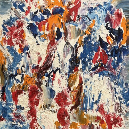 abstract painting with bold, textured brushstrokes in red, blue, orange, white, and brown, creating a dynamic, chaotic pattern with thick layers and vibrant colors. no recognizable shapes or figures are present.