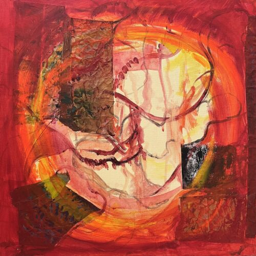 abstract painting with swirling red, orange, and yellow hues. textured rectangular patches and black, green, and brown areas overlay the vibrant background. curved lines and bold brushstrokes create dynamic movement throughout the piece.