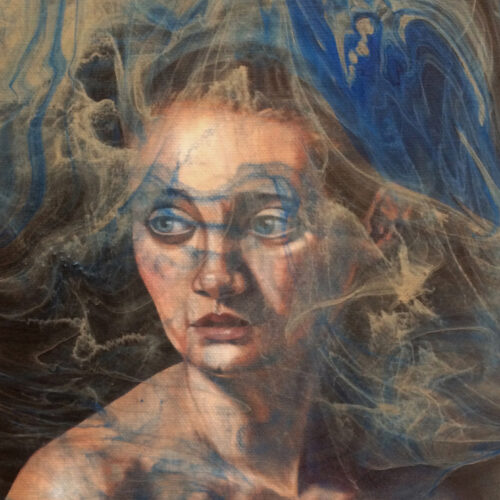 a painted portrait of a woman with blue and beige swirls overlaying her face and shoulders, creating a dreamy, ethereal effect. her expression looks contemplative as she gazes off to the side.