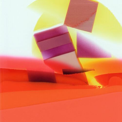 abstract image featuring stacked geometric shapes, mainly cubes and rectangles, in shades of pink, purple, and red, set against a vibrant sunset like background with warm yellow, orange, and red hues.