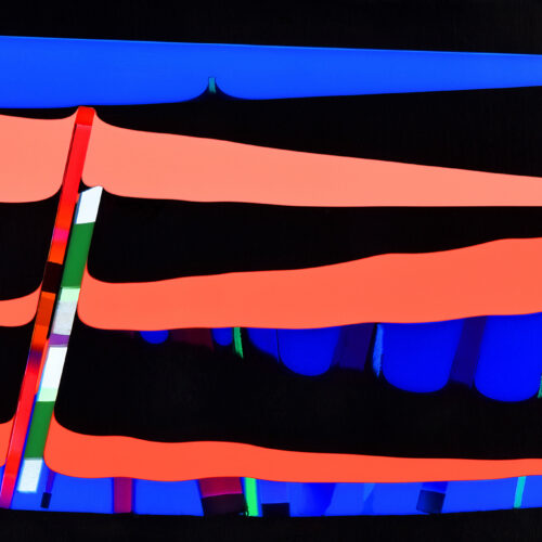 abstract artwork featuring bold, wavy red and blue horizontal stripes against a black background, intersected by several multicolored vertical lines and shapes, creating a vibrant, dynamic visual effect.