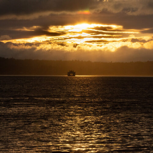 a ferry sails across a calm body of water at sunset, with golden sunlight breaking through clouds and reflecting on the water’s surface. dark distant trees line the horizon beneath the dramatic sky.