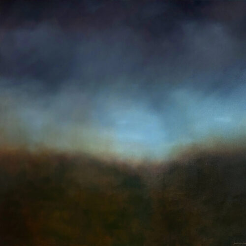 a blurred, atmospheric landscape featuring a dark foreground and a hazy blue and gray sky, evoking a sense of dusk or dawn with soft, blended colors and an abstract, dreamy quality.