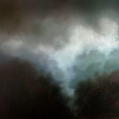 a soft, abstract painting featuring dark shapes at the bottom and misty, diffused light in white, blue, and gray tones rising through the center, suggesting fog or clouds over a shadowy landscape.