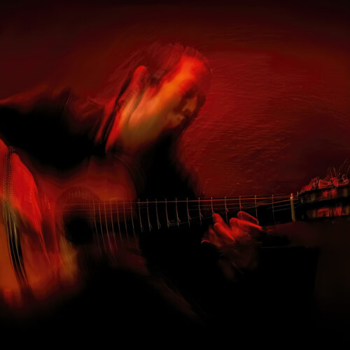 a blurred, artistic image of a person playing an acoustic guitar, surrounded by intense red and black hues, creating a dynamic, expressive, and dramatic atmosphere.