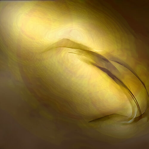 abstract digital artwork with swirling golden and brown tones, featuring two curved, feather like shapes in the center, creating a sense of motion and light in a warm, radiant background.