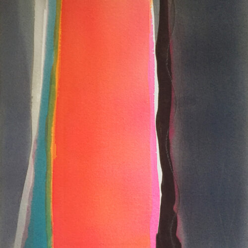 abstract painting featuring a bold vertical red and pink stripe in the center, flanked by uneven stripes of teal, yellow, gray, black, and white on both sides, fading into a dark, smoky gray background.