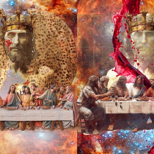 a split image: left side shows a matzo with a crowned figure and the last supper below, right side shows the same crowned figure with red wine splashed over it and the last supper with vibrant colors and cosmic backgrounds.