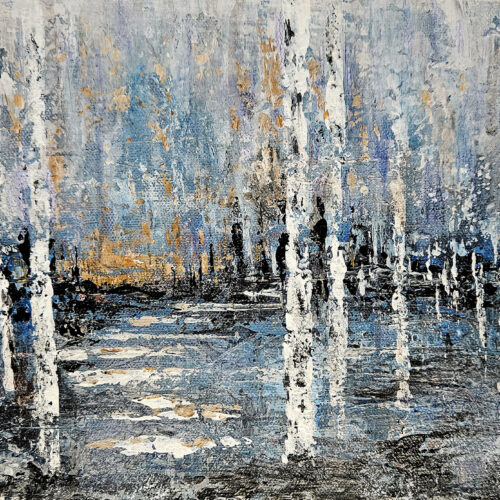 abstract painting of a forest with tall, white tree trunks against a textured blue, gray, and orange background, evoking a misty or wintry atmosphere. brushstrokes create a sense of depth and movement.