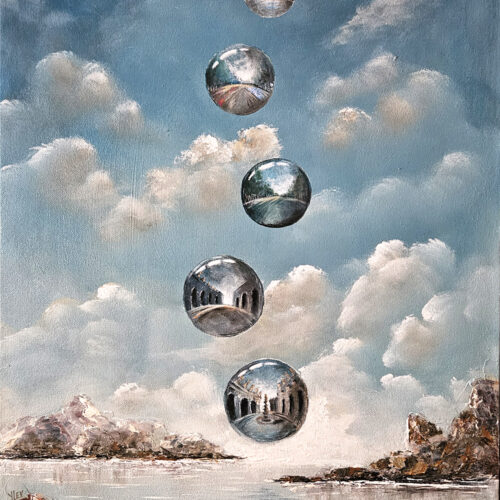 five reflective spheres float vertically in a cloudy sky above rocky terrain and a calm body of water. the spheres mirror the landscape and ancient ruins, creating a surreal, dreamlike scene.