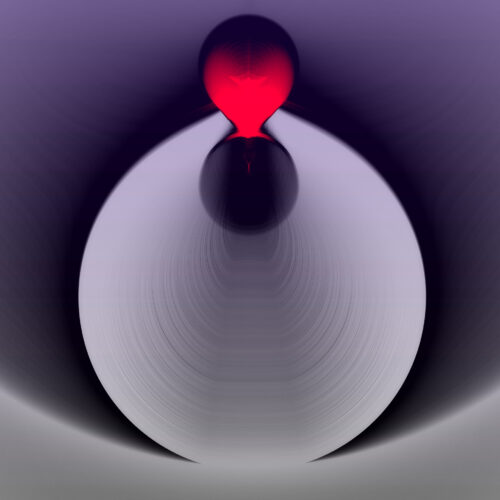 abstract digital art featuring a large, pale, circular shape at the bottom with a smaller, glowing red orb above it, set against a gradient purple background. the composition is symmetrical and surreal.
