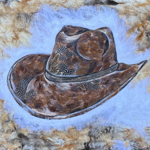 a brown cowboy hat with a feathered band lies on a textured background in shades of tan, brown, and light blue, resembling soft, swirling feathers.