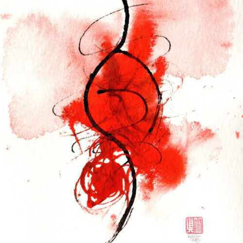 abstract watercolor painting featuring bold black curved lines and red circular shapes, with red splashes and smudges on a white background. a red artist's stamp appears in the lower right corner.