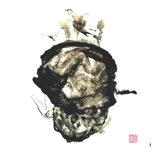 abstract black and gray ink wash painting on white background, resembling a skull or face shape. a red artist’s seal stamp appears in the bottom right corner.