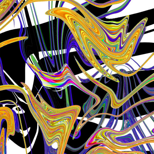 abstract digital artwork with swirling, wavy lines in vibrant yellow, orange, green, and purple over a black and white background, creating a dynamic and chaotic visual effect.