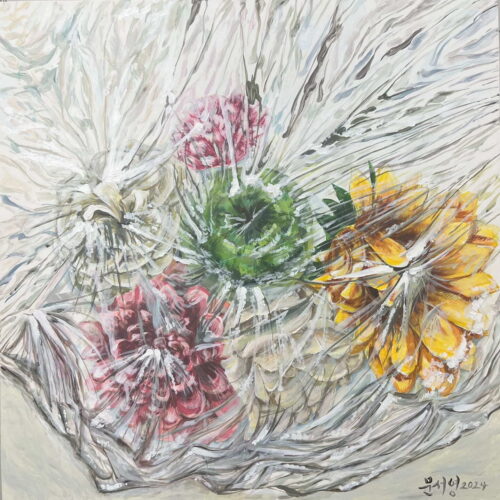 a painting of four flowers—red, green, white, and yellow—entwined with transparent, crinkled plastic wrapping. white streaks and highlights create a dynamic, abstract effect over the floral arrangement.