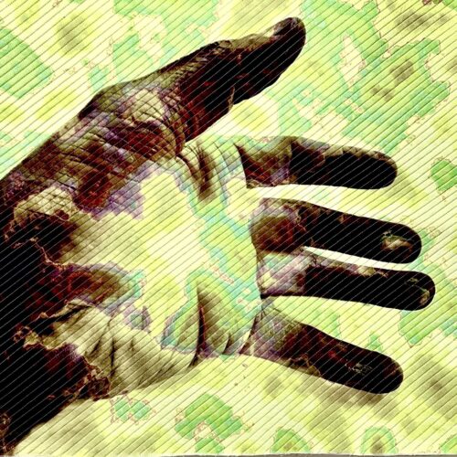 a digitally altered image of a hand with fingers spread apart, featuring bold, dark outlines and abstract, textured green and yellow patterns in the background. thin diagonal lines overlay the entire image.