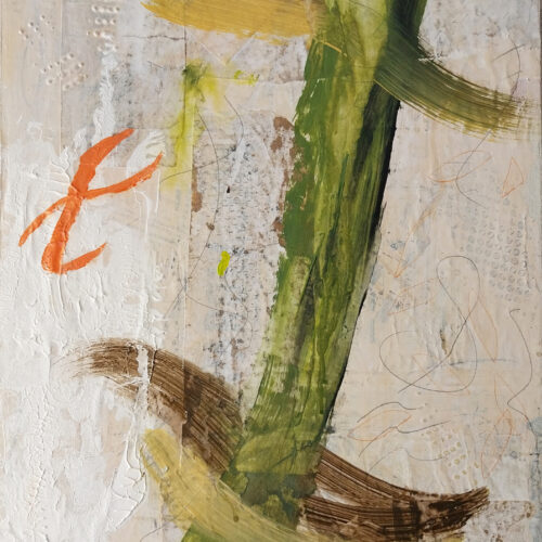 abstract painting with bold green and brown brushstrokes crossing each other on a textured white background, accented by a prominent orange curved brushstroke on the left side. thin lines and subtle patterns are visible throughout.