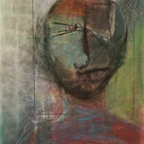 abstract painting of a face with muted green, blue, red, and brown tones. the face has exaggerated features, a red line down the nose, and a somber expression, framed by sketchy lines and a soft, textured background.